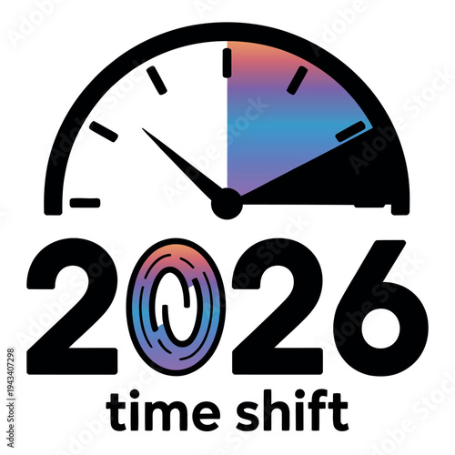 A colorful graphic illustration of a speedometer with the year 2026 and the phrase time shift