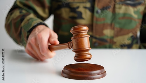 Soldier holding a gavel, justice and military law concept