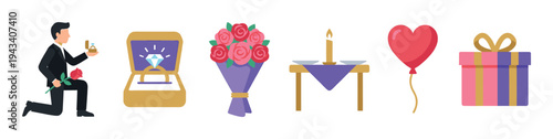 Set of romantic proposal icons showing a man kneeling with a ring, a bouquet of roses, a candlelit dinner, a heart balloon, and a gift box for a celebration