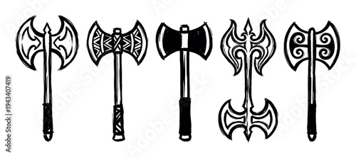 Set of five hand-drawn fantasy battle axes with ornate double-bladed designs, rendered in a bold black ink brushstroke style for a medieval or Viking concept