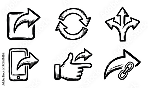 Set of six hand-drawn black icons for sharing, refreshing, linking, and swiping, illustrated in a rough, sketchy doodle style for web or mobile user interface elements