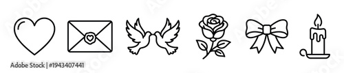 Set of six black line art icons for romance and celebration, featuring a heart, love letter, doves, rose, bow, and candle in a simple, minimalist vector style