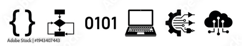 Set of black technology icons representing software development, with symbols for coding, algorithms, binary data, computing, automation, and cloud services in a row