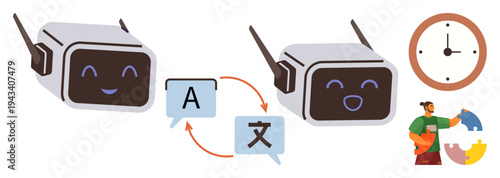 Language learning, AI communication, multilingual technology, global interaction, translation tools, time management. Two AI robots with translated text icons and clocks. Language learning and AI