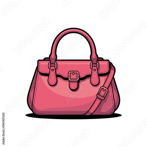 A vibrant pink cartoon handbag with a handle and shoulder strap on a white background