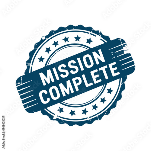 A blue and white stamp with the words 'MISSION COMPLETE' on a plain white background