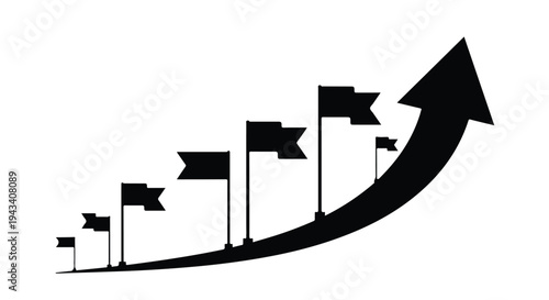 Business success growth concept with black flags on poles rising up on curved arrow pointing upwards, symbolizing progress and achievement in corporate career development
