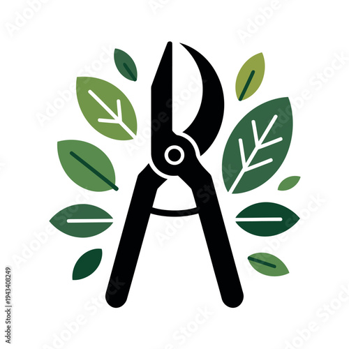 A pair of black pruning shears surrounded by green leaves on a white background