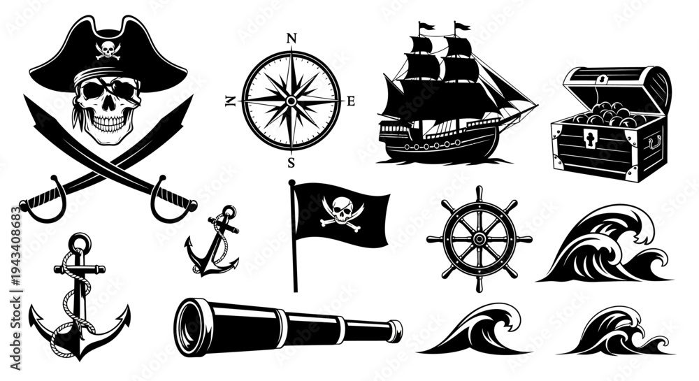 Obraz premium Pirate Adventure Silhouette Icon Set Skull Ship Treasure Vector Isolated on White