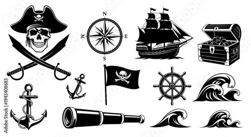 Pirate Adventure Silhouette Icon Set Skull Ship Treasure Vector Isolated on White