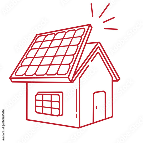 Red line drawing of a house with solar panels on the roof and sun rays  eco friendly home with renewable energy system