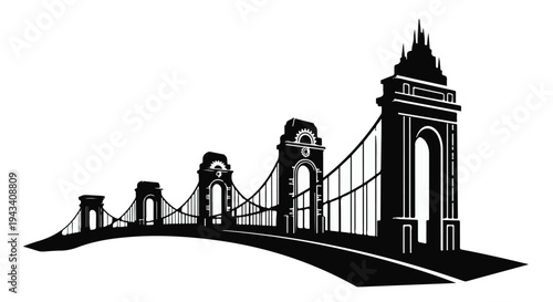 Black silhouette of iconic suspension bridge with towers and cables on white background for design and architecture concepts
