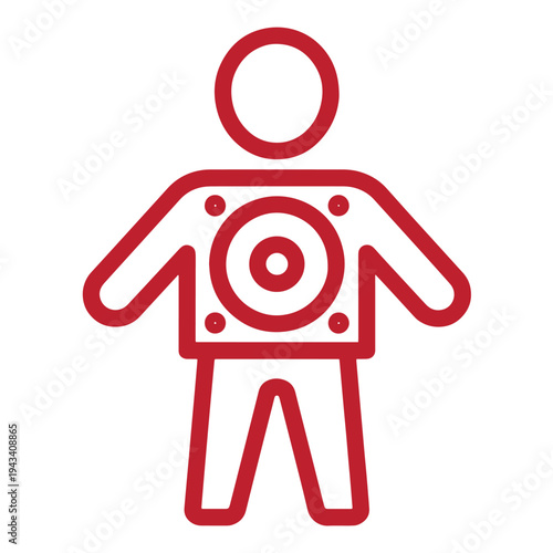 red line drawing of a person with a target on their chest for shooting practice with a gun  isolated on white background