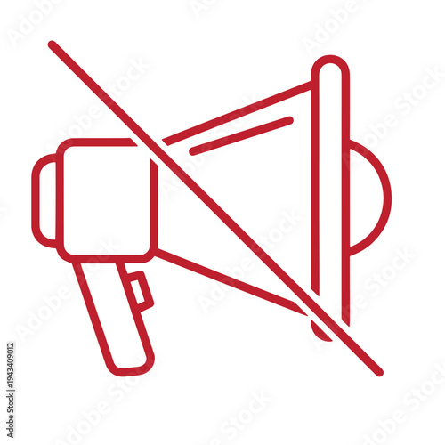 Red line icon of a megaphone with a diagonal line through it symbolizing prohibition or ban on loudspeakers or public address systems used for announcements  No loudspeaker