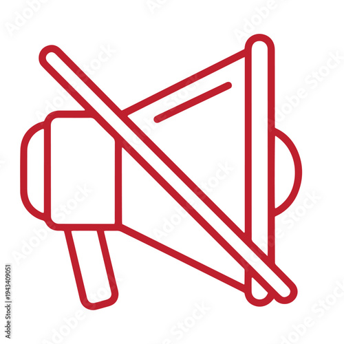 Red line icon of a megaphone with a diagonal slash through it symbolizing silence or prohibition of loudspeakers  communication and announcement concept