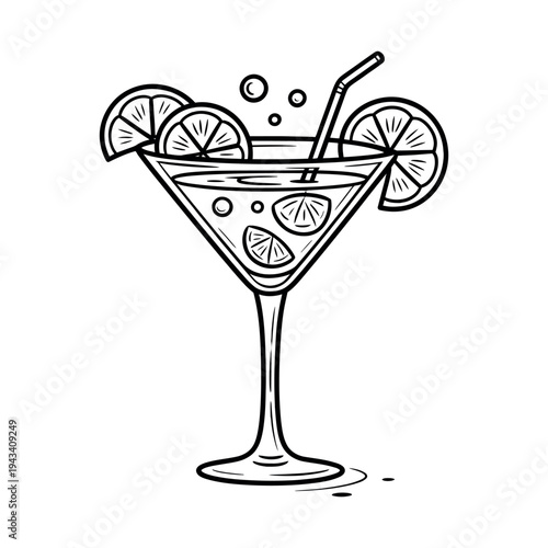 A black and white illustration of a martini glass with a straw and lemon slices