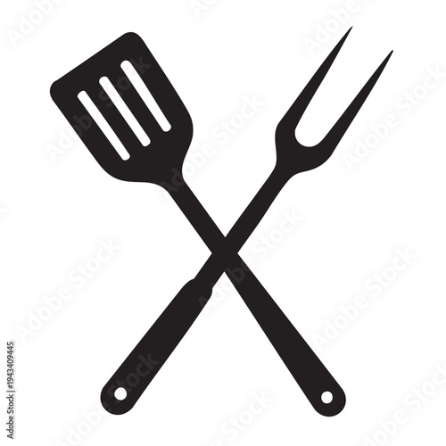 Crossed barbecue spatula and carving fork silhouette vector tools