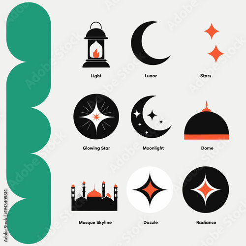 Islamic symbols and icons set mosque crescent moon stars lantern glowing star dazzle radiance