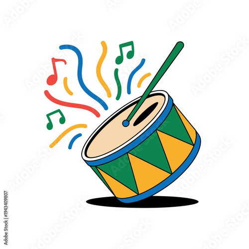 A colorful cartoon drum with musical notes and swirls on a white background