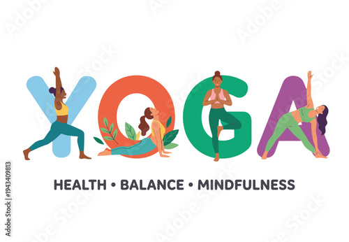 All-Female Yoga Group with Bold Text