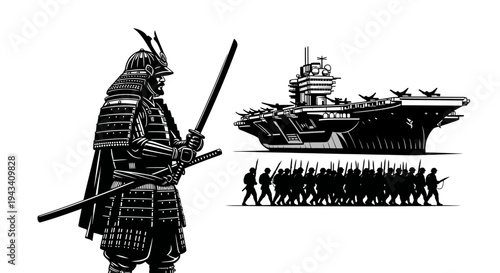 Samurai Warrior Confronts Modern Aircraft Carrier and Soldiers