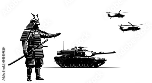 Samurai Warrior Directing Modern Military Tank and Helicopters