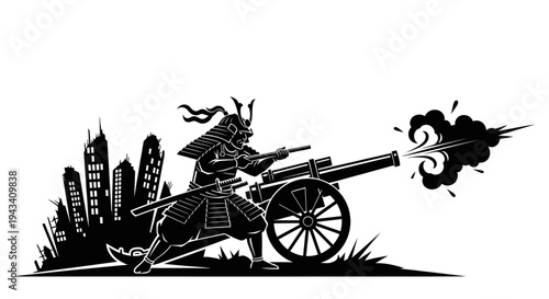 Samurai Warrior Firing Cannon in Ruined City Silhouette