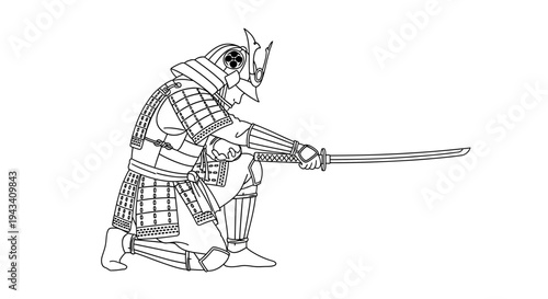 Samurai Warrior Kneeling with Katana Sword, Traditional Japanese Armor, Line Art Illustration