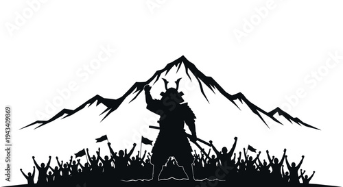 Samurai Warrior Silhouette with Mountain and Crowd
