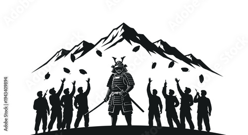 Samurai Warrior Standing Tall Amidst Uprising Crowd and Majestic Mountains