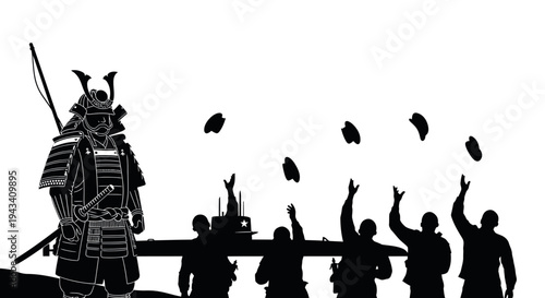 Samurai Warrior Stands Guard Over Soldiers Throwing Grenades