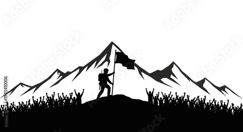 Silhouette of a triumphant climber planting a flag on a mountain peak with cheering crowd below
