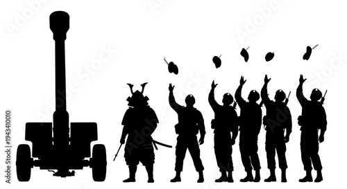 Silhouette of artillery cannon, samurai warrior, and soldiers celebrating victory, throwing helmets