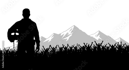 Silhouette of a triumphant pilot holding helmet with cheering crowd and mountains background