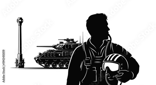 Silhouette of Fighter Pilot and Military Tank, Symbolizing Air and Ground Forces Power