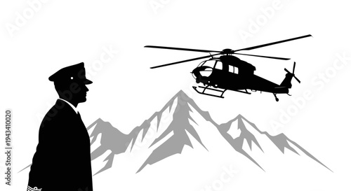 Silhouette of Pilot Watching Helicopter Fly Over Snowy Mountains