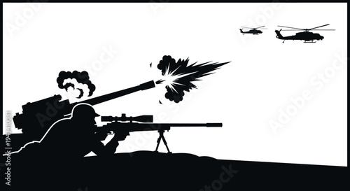 Silhouette of Sniper and Artillery Gun Firing, Helicopters Flying in Sky
