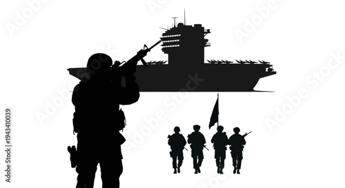 Silhouette of Soldier Aiming Rifle with Aircraft Carrier and Troops in Background