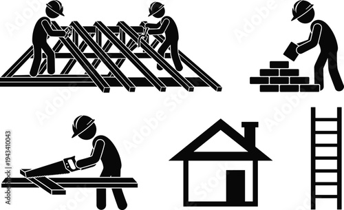 Construction worker pictogram set featuring roofing team bricklayer building wall carpenter sawing wood house silhouette and ladder for home building and renovation services