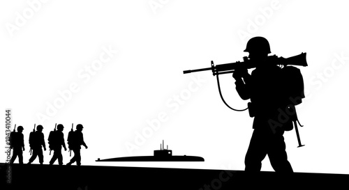 Silhouette of soldier aiming rifle, troops and submarine on horizon, military operation concept