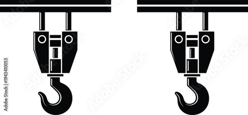 Industrial crane hook silhouette set featuring heavy lifting equipment for construction machinery warehouse logistics manufacturing plants and engineering projects in black and white
