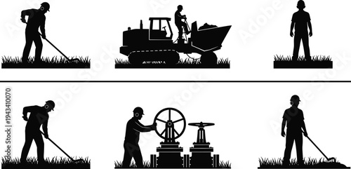 Industrial worker silhouettes set featuring manual laborers with tools operating heavy machinery and water valves for infrastructure maintenance utility services and construction projects