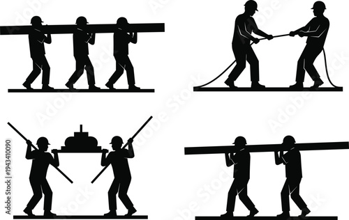 Construction worker silhouette set featuring manual laborers carrying heavy beams pulling ropes and lifting loads for industrial teamwork building and site maintenance projects