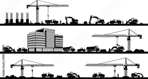 Heavy construction site silhouette set featuring tower cranes excavators dump trucks and building structures for urban development civil engineering and industrial project design
