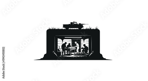 Silhouette of a bunker with people inside and a truck on top, symbolizing survival and hidden operations.