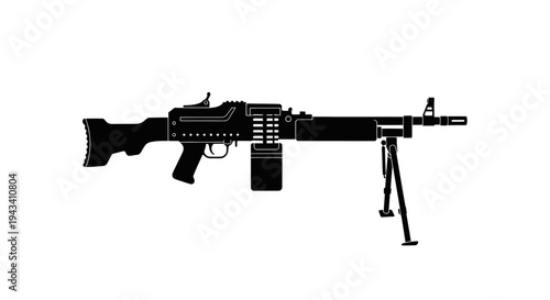 Silhouette of a Machine Gun with Bipod and Ammunition Box, Military Weaponry Icon