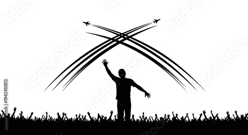 Silhouette of a man raising arms in front of a crowd with planes flying overhead