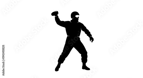 Silhouette of a person throwing a rock, protest, aggression, danger, violence, isolated on white background