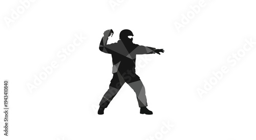 Silhouette of a person in tactical gear throwing a grenade, isolated on white