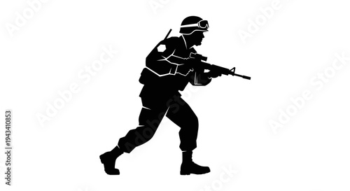Silhouette of a Soldier in Combat Gear Running with Rifle